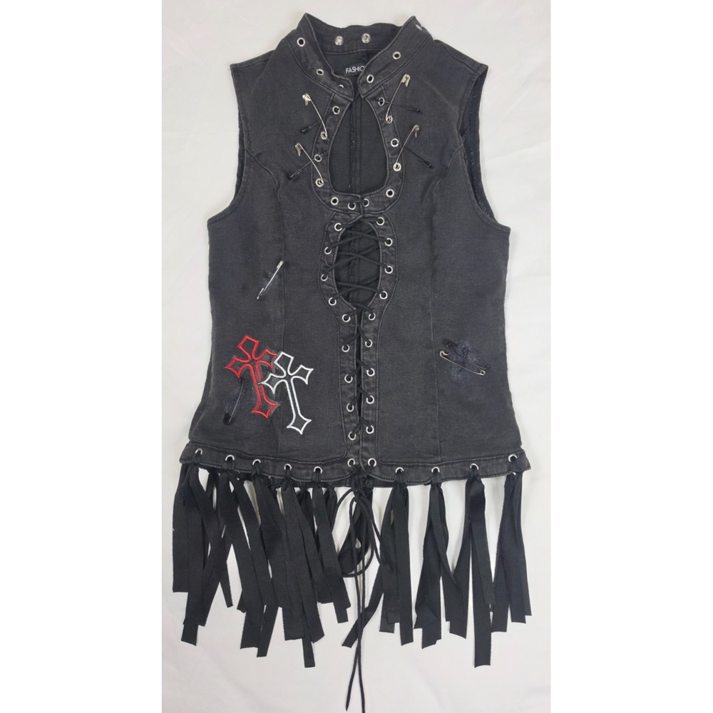 Reworked Fashion Nova Goth Denim Vest S Cross Lace Up Fringe Punk Grunge